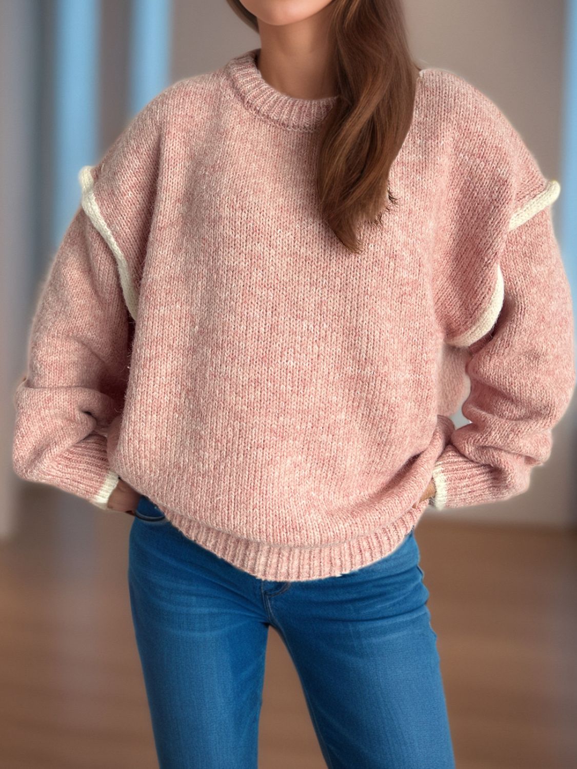 Luz® | Round neck sweater with sloping shoulders and contrasting trim