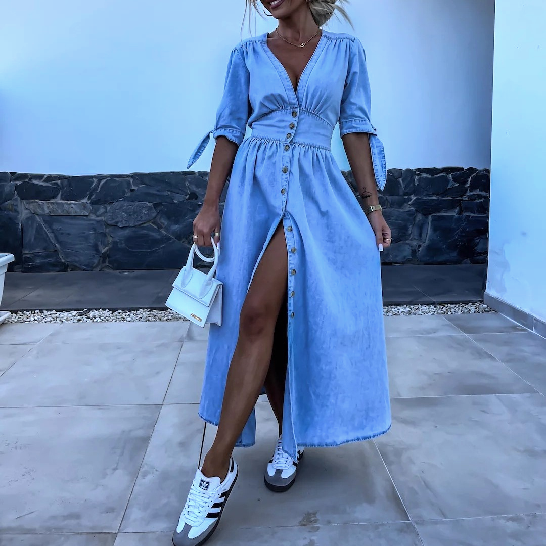Lydia® | Long chambray dress with front slit