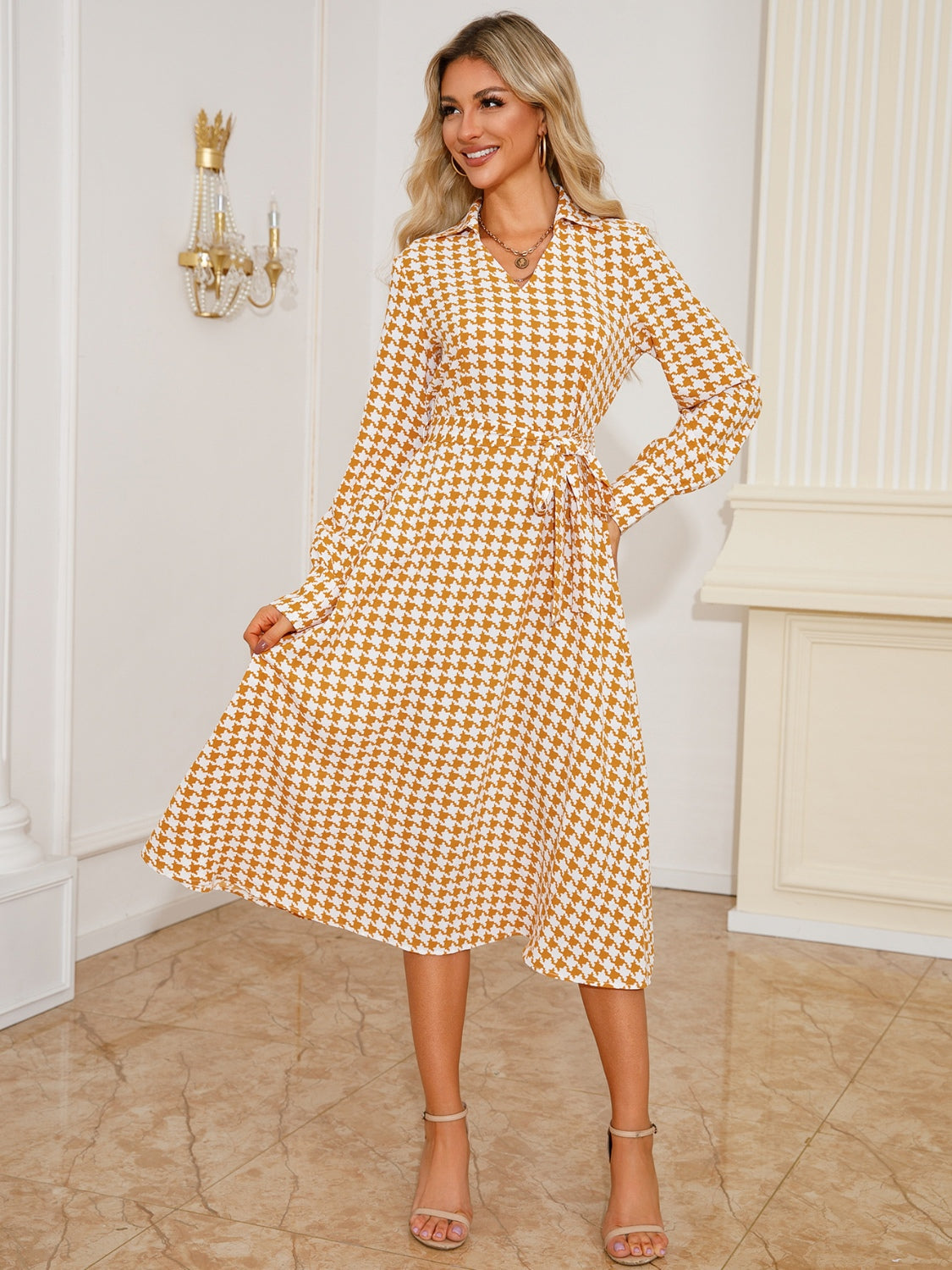 Abigail® | Long sleeve houndstooth lace-up midi dress