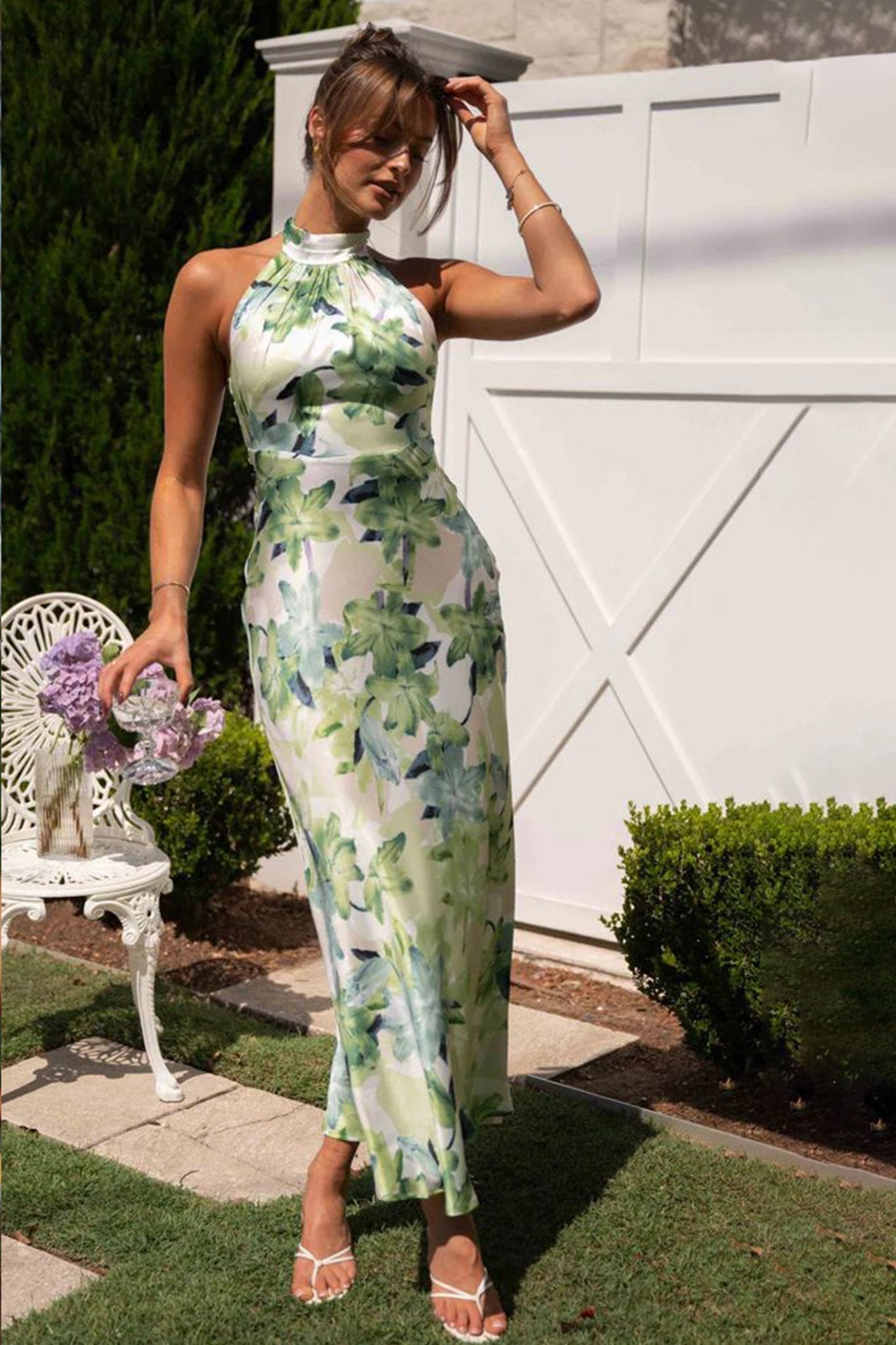 Abigail® | Printed Halterneck Midi Dress In Backless Satin