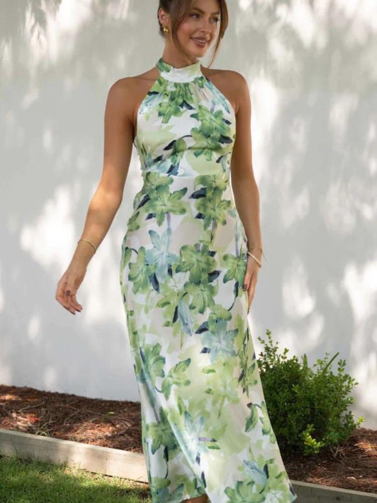 Abigail® | Printed Halterneck Midi Dress In Backless Satin