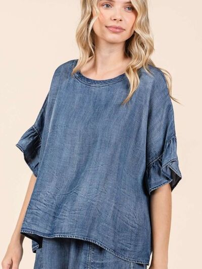 Lía® | Washed blouse with flounced sleeves and a round neckline