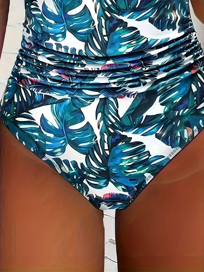 Lyra® | Two-tone V-neck halterneck swimsuit with print