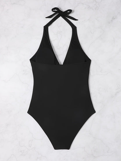 Lyra® | Two-tone V-neck halterneck swimsuit with print