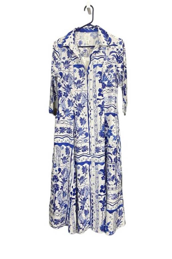 Leonor® | Unique midi dress with Greek floral print and button front