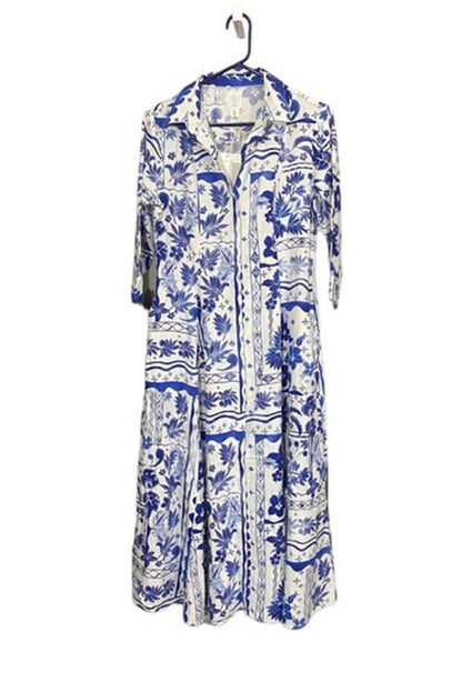 Leonor® | Unique midi dress with Greek floral print and button front