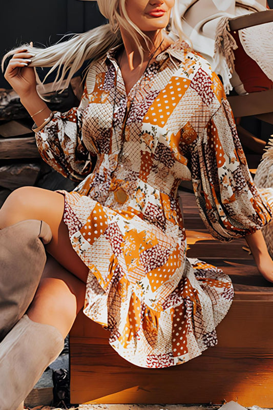 Luz® | Printed mini shirt dress with collar and three-quarter sleeves