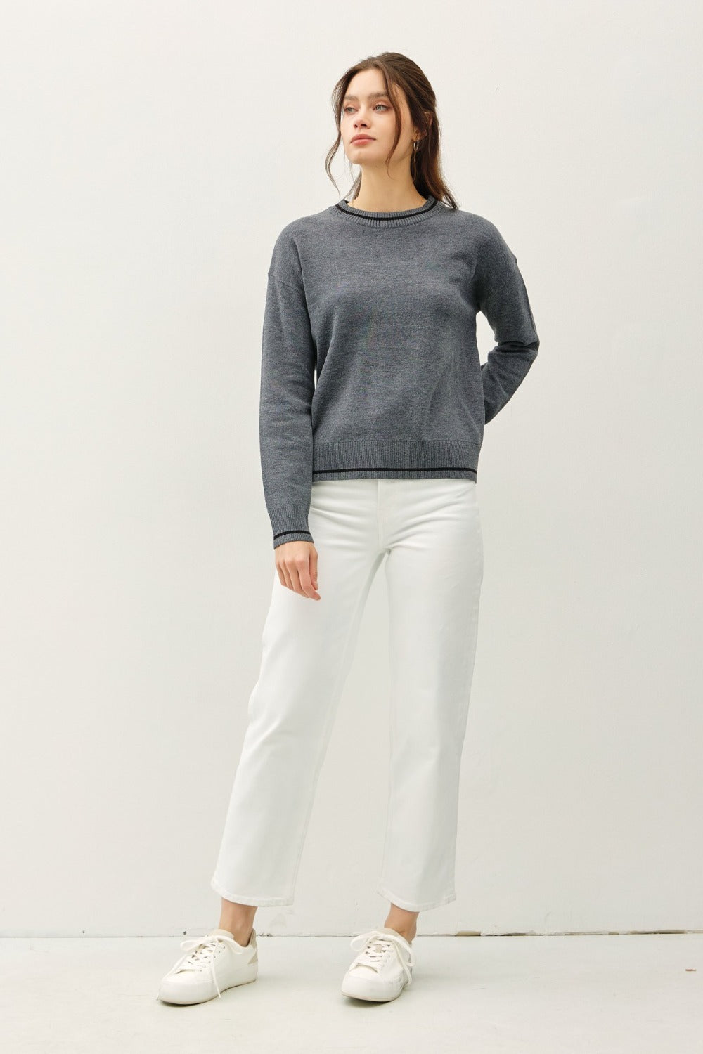 Liboria | Be Cool long-sleeved sweater with striped trim and crew neck