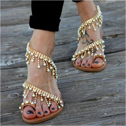 Pia® | Sandals Flat Pearl Comfortable String Beaded Slippers