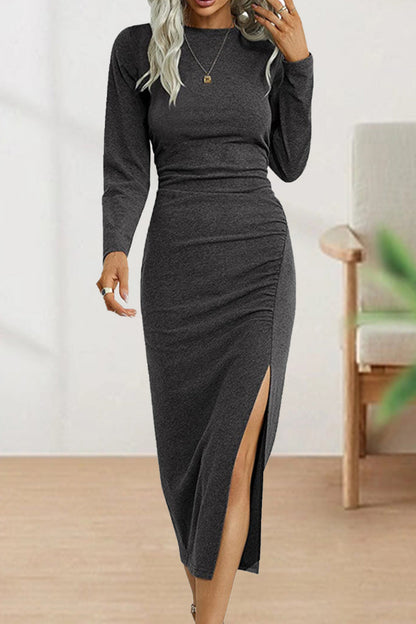 Adelaida | Cute, elegant, plain O-neck shift dresses with pleats