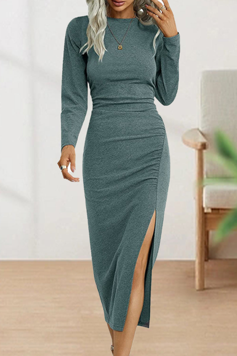 Adelaida | Cute, elegant, plain O-neck shift dresses with pleats