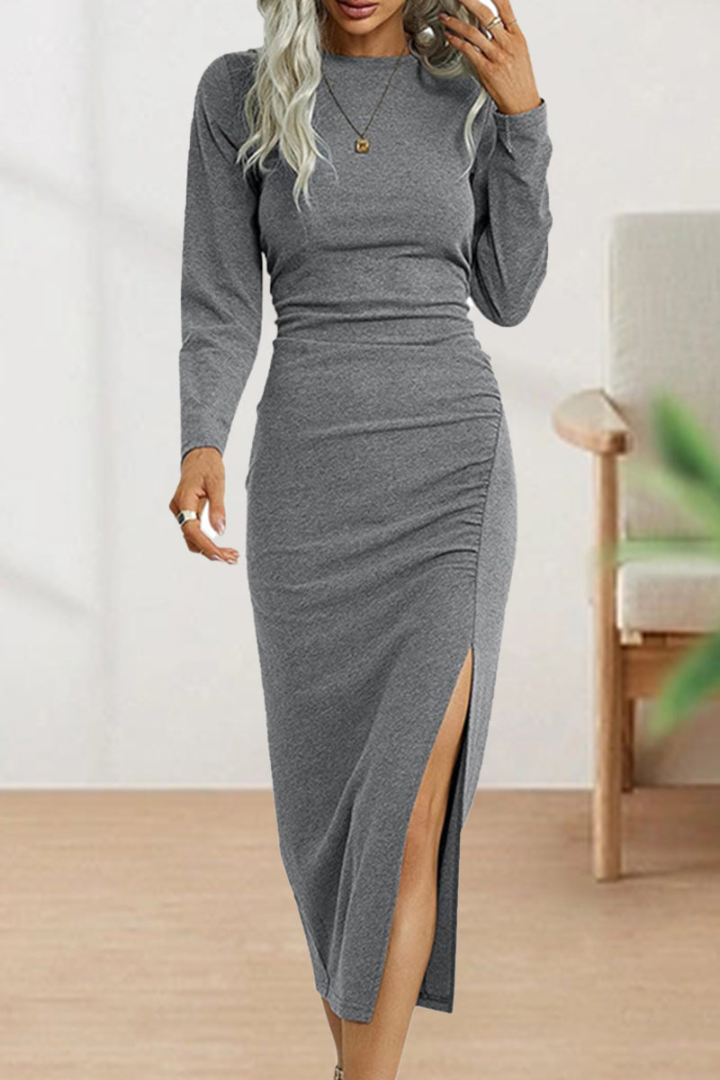 Adelaida | Cute, elegant, plain O-neck shift dresses with pleats