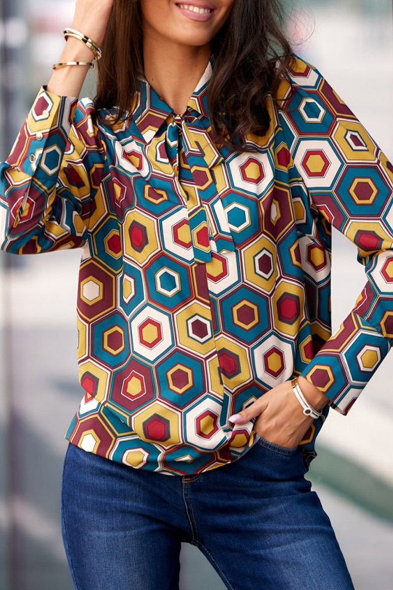 Leopoldina | Elegant printed patchwork shirt collar tops