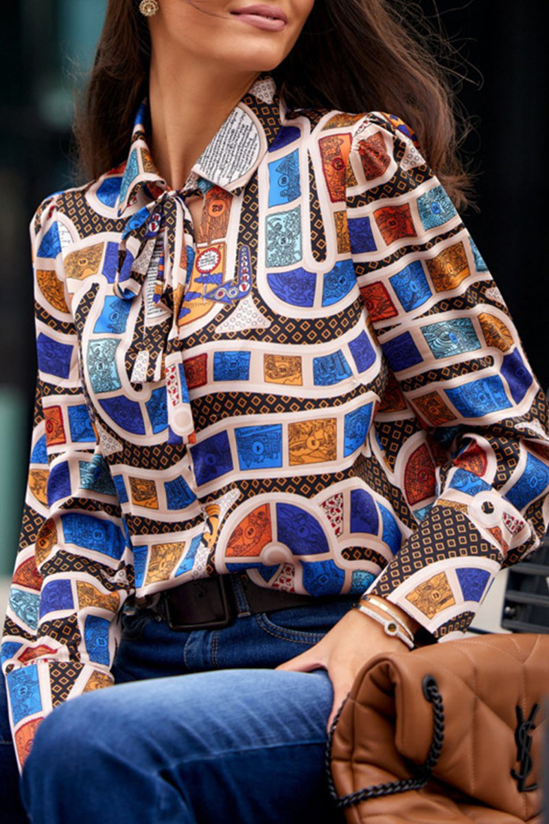 Leopoldina | Elegant printed patchwork shirt collar tops