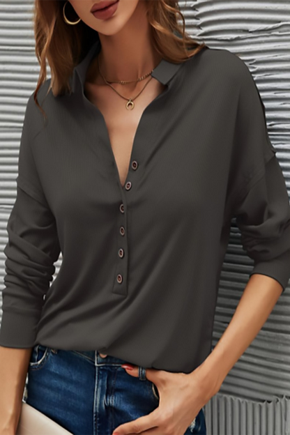 Silvia® | Casual T-shirts with plain buttons and turn-down collar