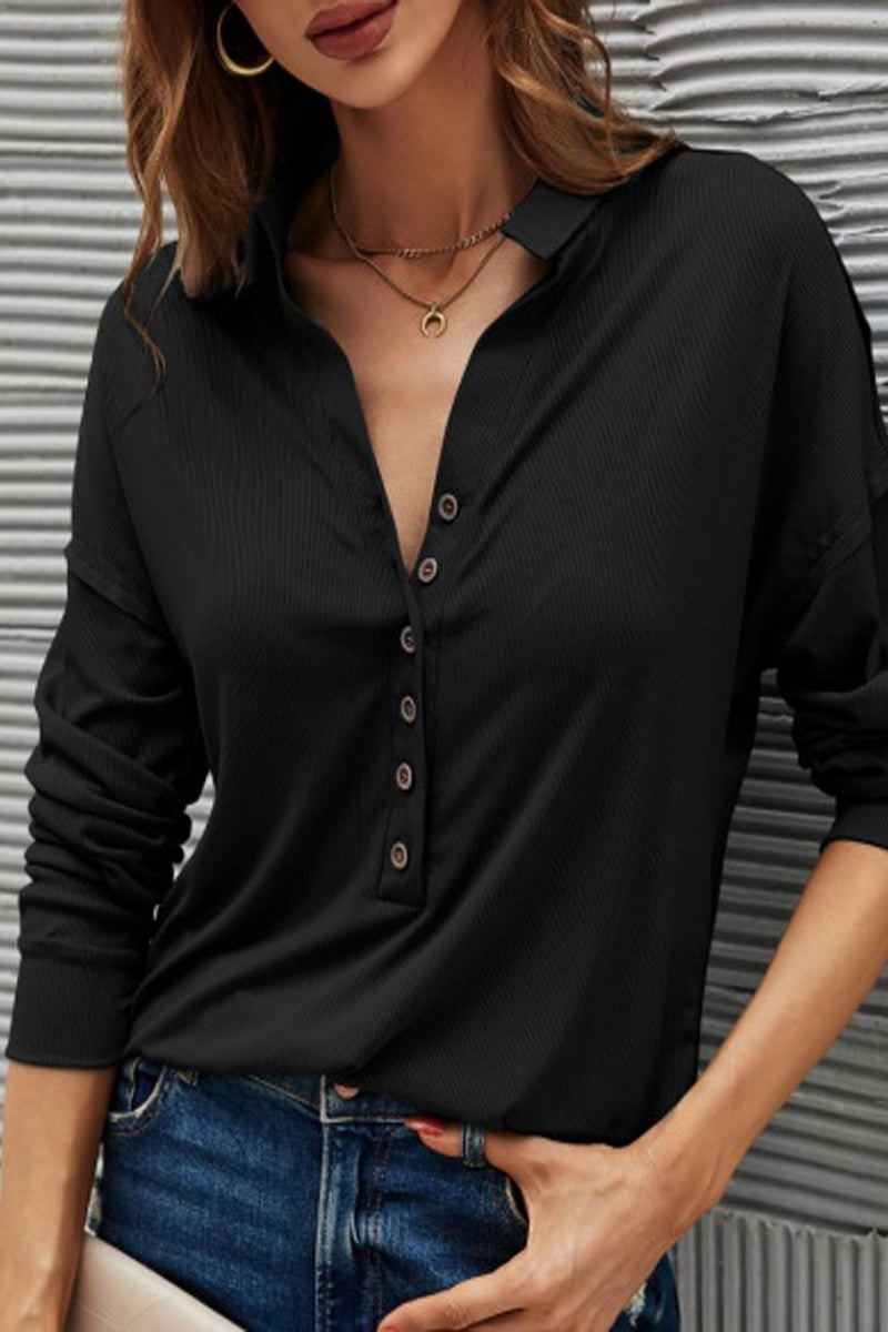 Silvia® | Casual T-shirts with plain buttons and turn-down collar