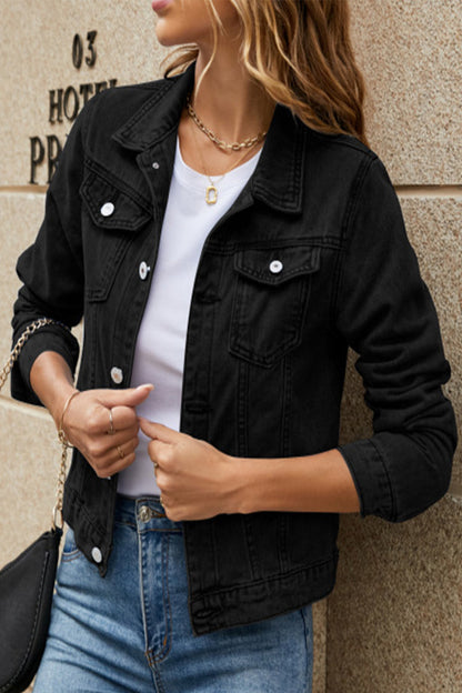 Jesica® | Street-chic, solid color, long-sleeved denim jacket with turn-down collar and regular pocket