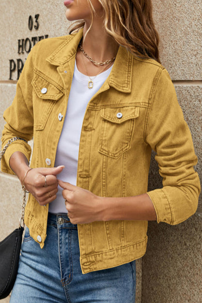 Jesica® | Street-chic, solid color, long-sleeved denim jacket with turn-down collar and regular pocket