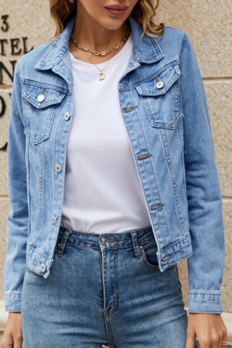 Jesica® | Street-chic, solid color, long-sleeved denim jacket with turn-down collar and regular pocket