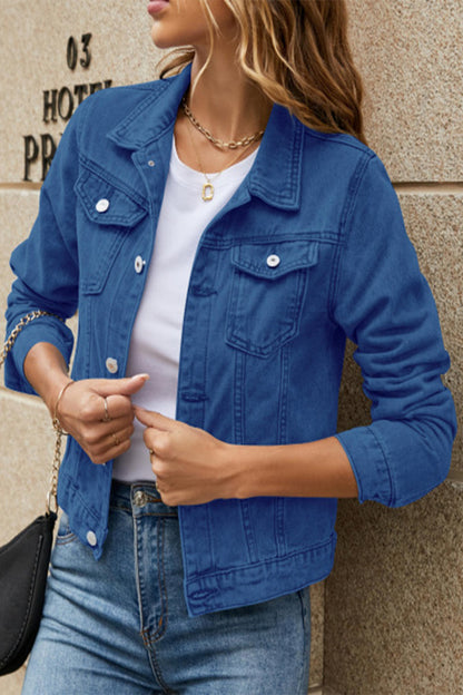 Jesica® | Street-chic, solid color, long-sleeved denim jacket with turn-down collar and regular pocket