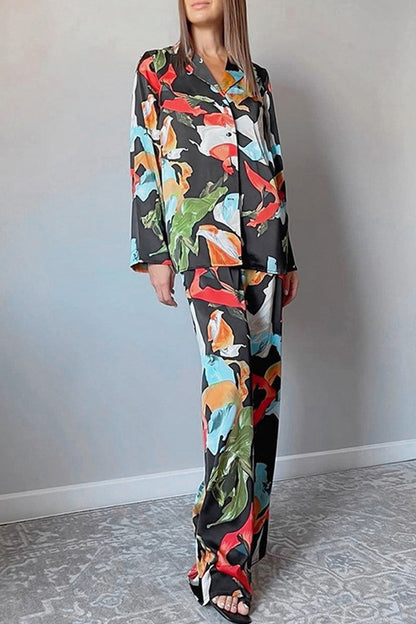 Leticia® | Casual Living Geometric Patchwork Turn-Down Collar Long Sleeve Two Piece Set