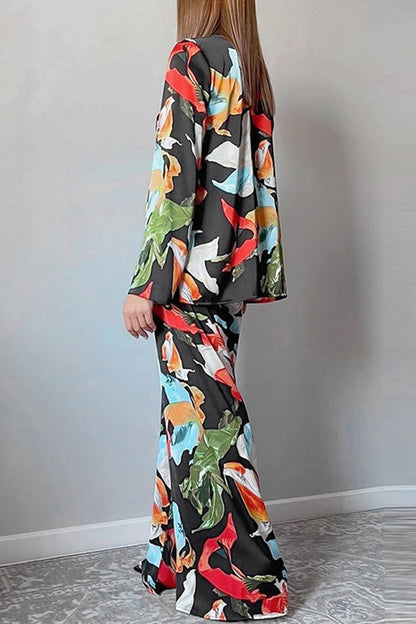 Leticia® | Casual Living Geometric Patchwork Turn-Down Collar Long Sleeve Two Piece Set