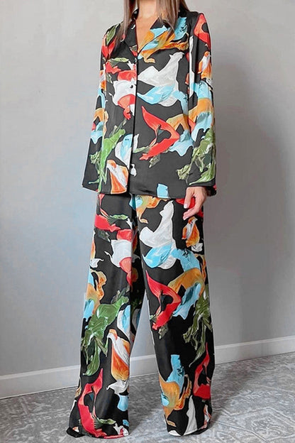 Leticia® | Casual Living Geometric Patchwork Turn-Down Collar Long Sleeve Two Piece Set