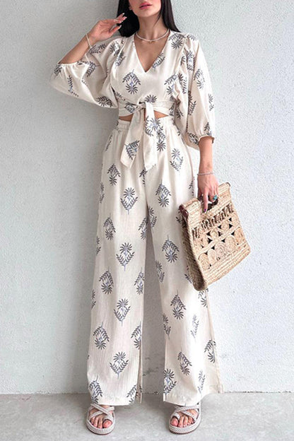 Letizia® | Elegant Casual Set Of Half-Sleeved V-Neck Printed Blouse And Wide-Leg Pants
