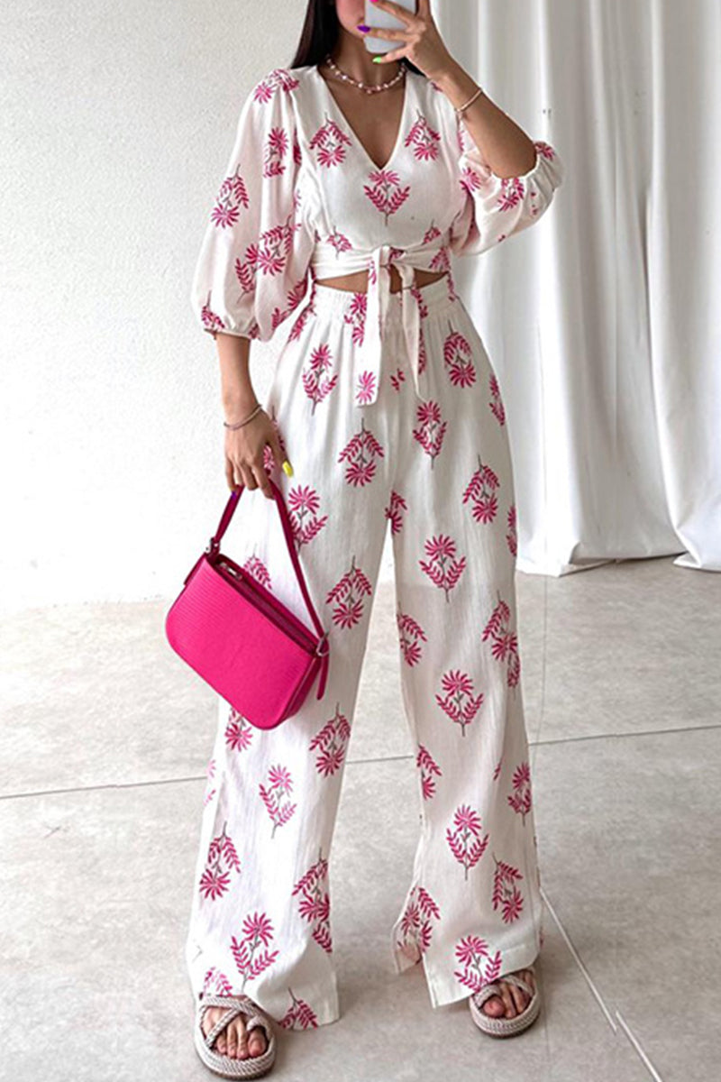 Letizia® | Elegant Casual Set Of Half-Sleeved V-Neck Printed Blouse And Wide-Leg Pants