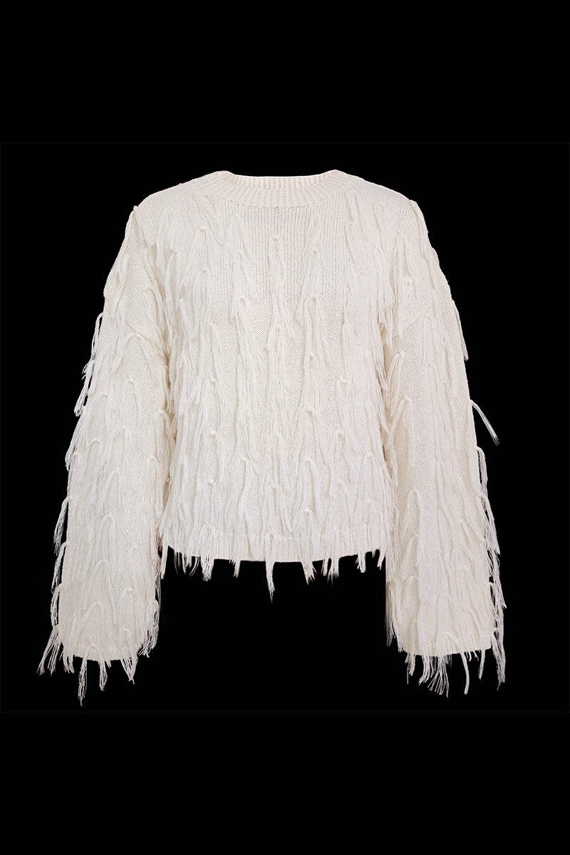 Claudia® | Elegant British style plain O-neck tassel sweaters