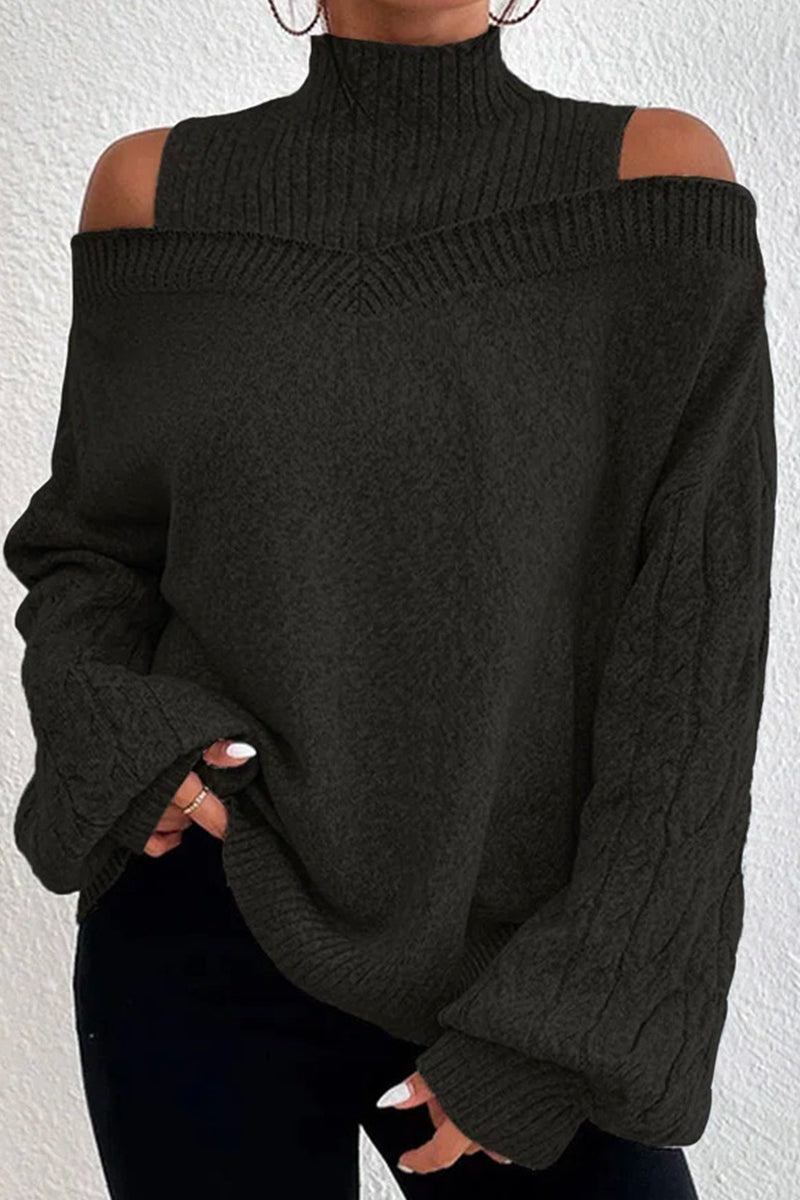 Hortensia® | Casual solid hollow out patchwork turtleneck sweaters