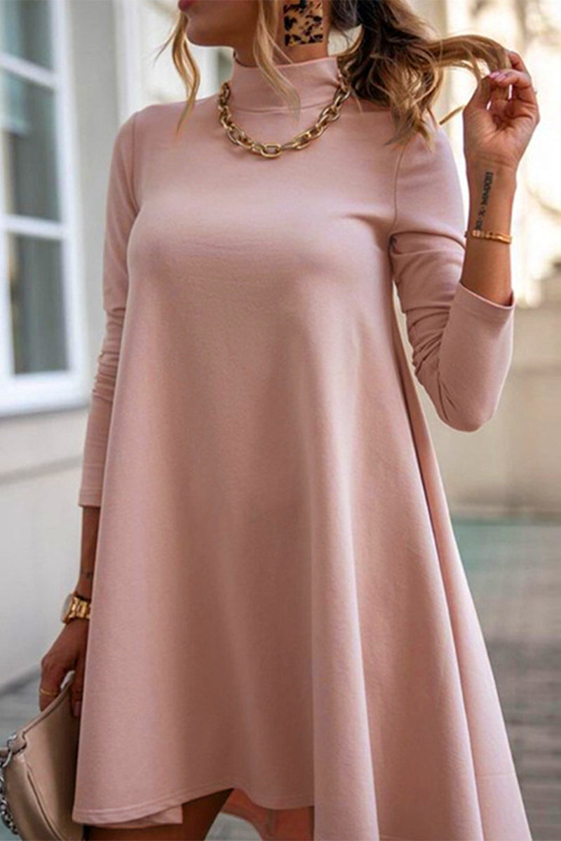 Emilia® | Casual simple solid color turtleneck long sleeve dresses