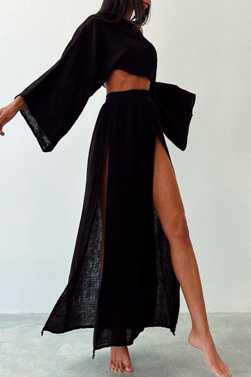 Adela® | Casual solid color long sleeve two-piece suit with slit and O-neck