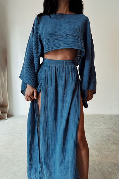 Adela® | Casual solid color long sleeve two-piece suit with slit and O-neck