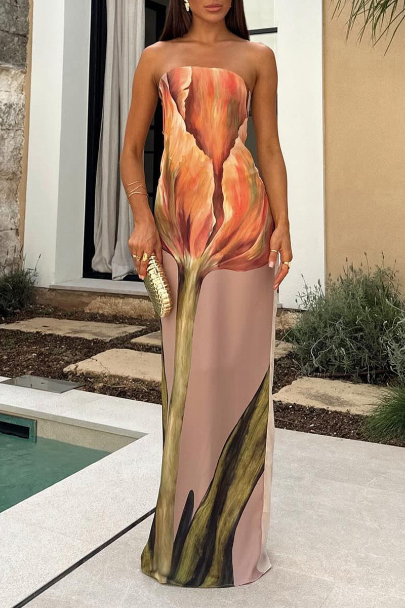 Leticia® | Casual Printed Floral Slit Zipper Strapless One Step Skirt Dresses