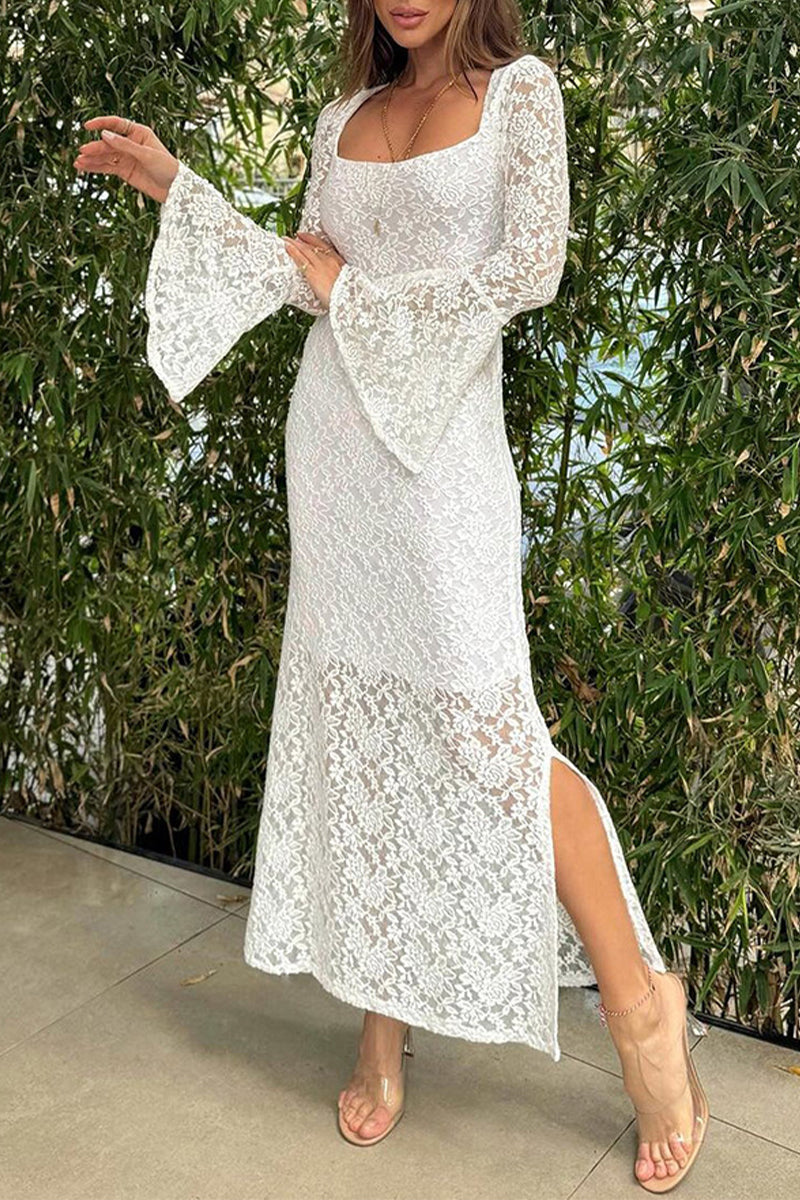 Leonor® | Sexy plain lace dresses with slit and O-neck and one-tier skirt