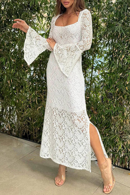 Leonor® | Sexy plain lace dresses with slit and O-neck and one-tier skirt