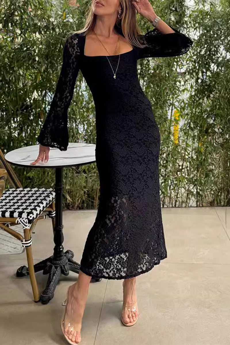 Leonor® | Sexy plain lace dresses with slit and O-neck and one-tier skirt