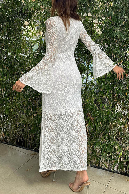 Leonor® | Sexy plain lace dresses with slit and O-neck and one-tier skirt