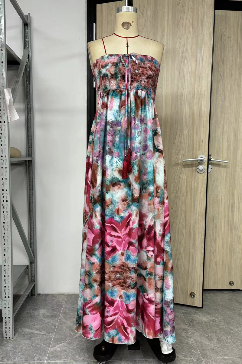 Leila® | Sexy holiday floral print fringe trim strapless strapless dresses