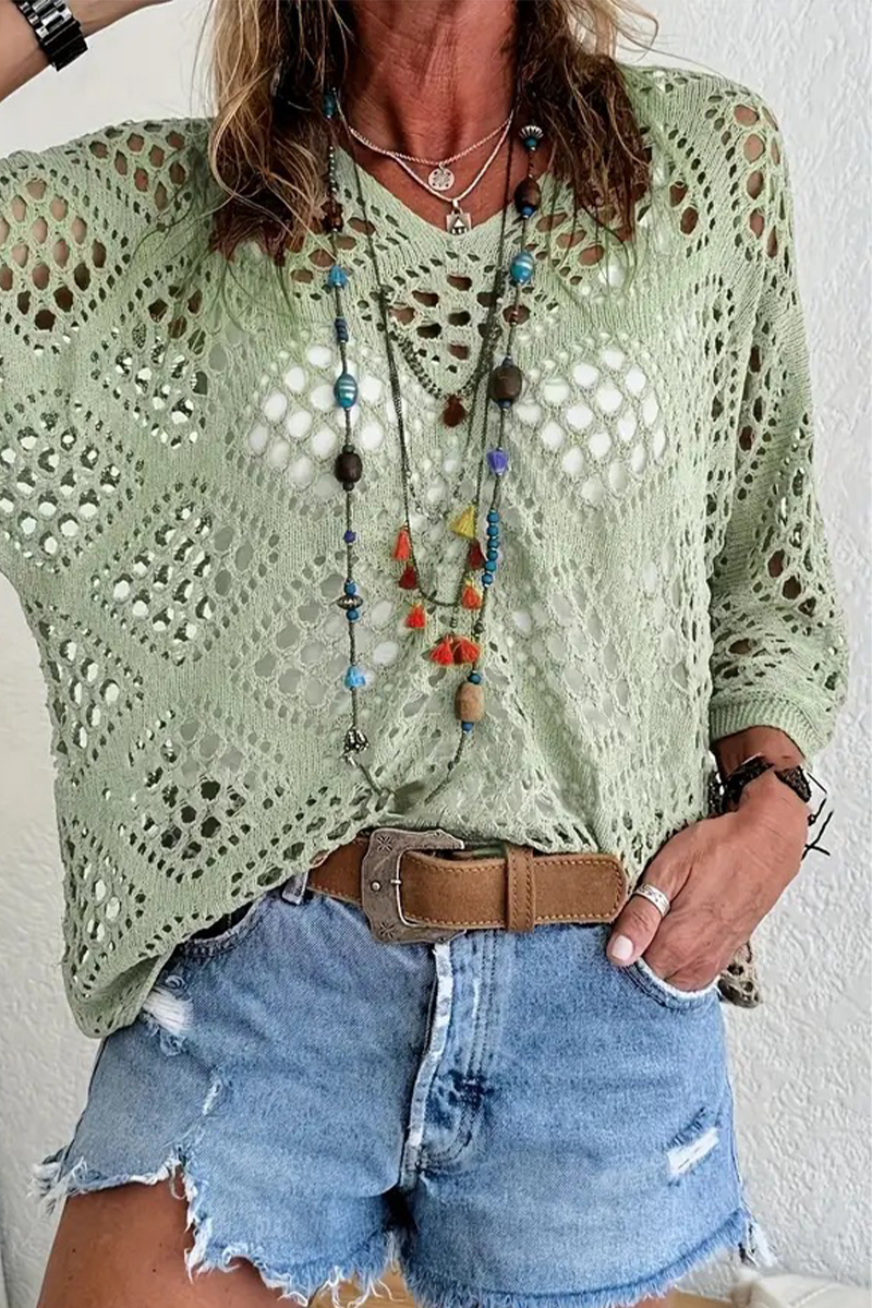 Mabel® | Casual Daily Solid Color Hollow Out V-Neck Sweaters (5 Colors)