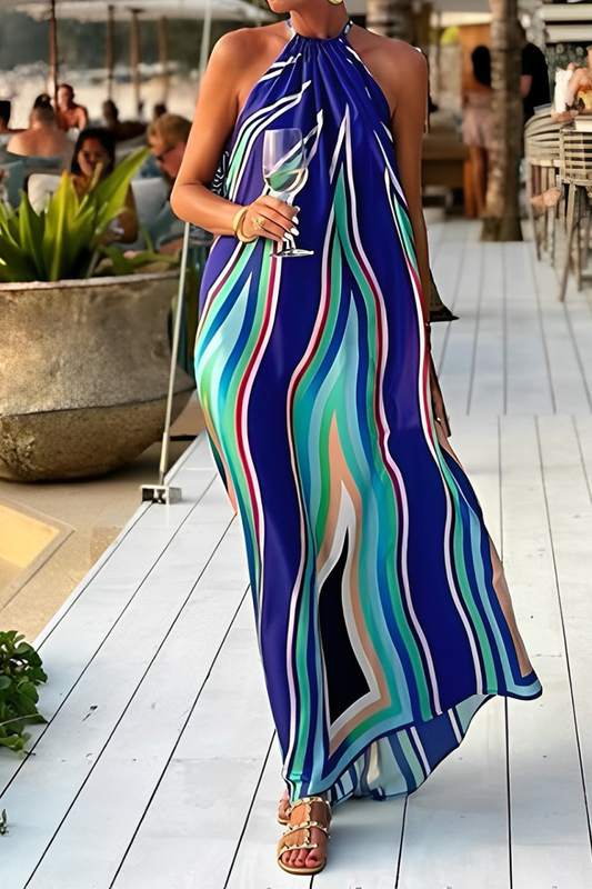 Lina® | Elegant striped sleeveless lace-up halter dresses for vacation