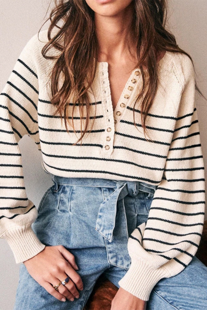 Blanca® | Casual striped buckle woven contrast O-neck sweaters