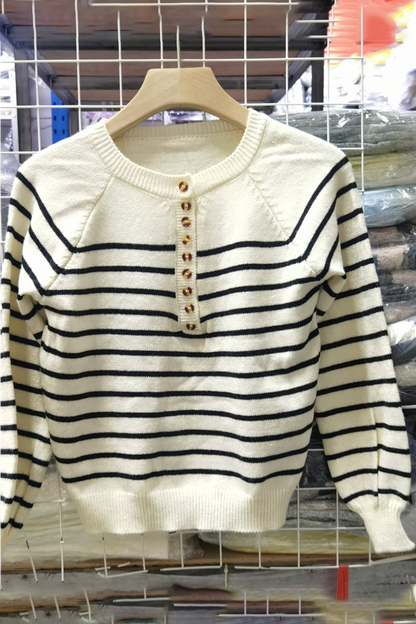 Blanca® | Casual striped buckle woven contrast O-neck sweaters