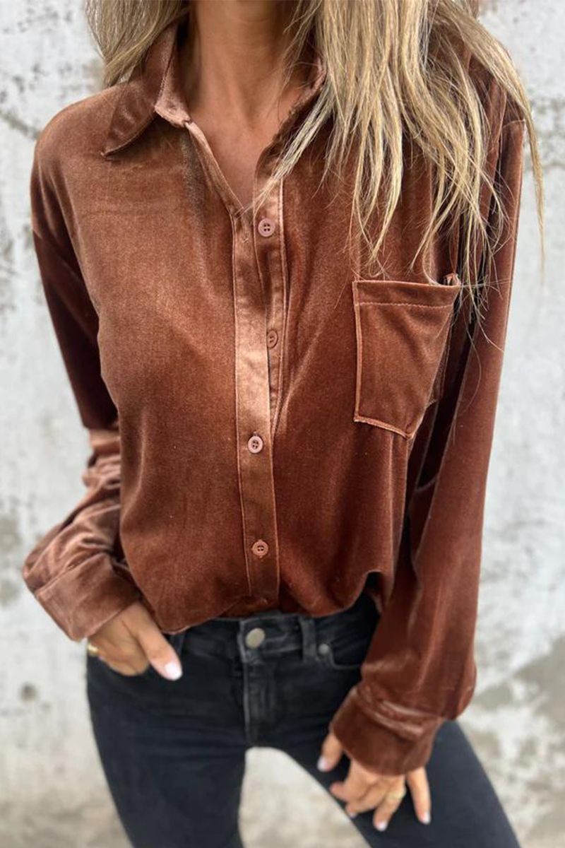 Dolores® | Casual plain blouses with pocket buckle and turn-down collar