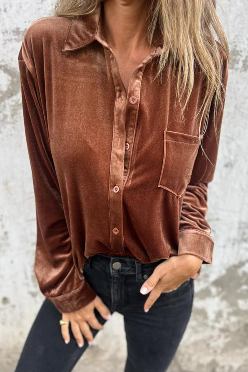 Dolores® | Casual plain blouses with pocket buckle and turn-down collar