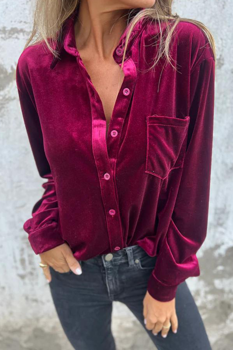 Dolores® | Casual plain blouses with pocket buckle and turn-down collar