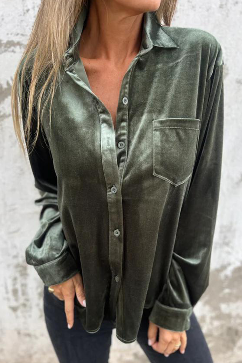 Dolores® | Casual plain blouses with pocket buckle and turn-down collar