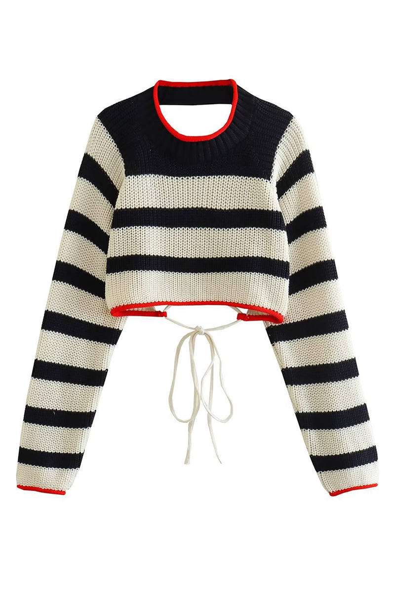 Edurne® | Casual striped backless contrast lace-up O-neck sweaters