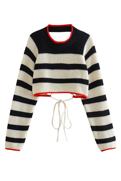 Edurne® | Casual striped backless contrast lace-up O-neck sweaters